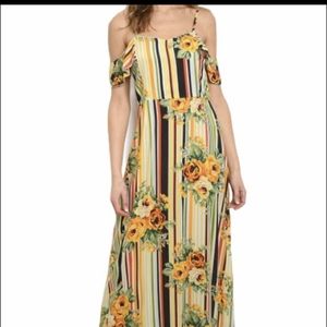 Cold Shoulder Floral Stripe Maxi Summer Dress